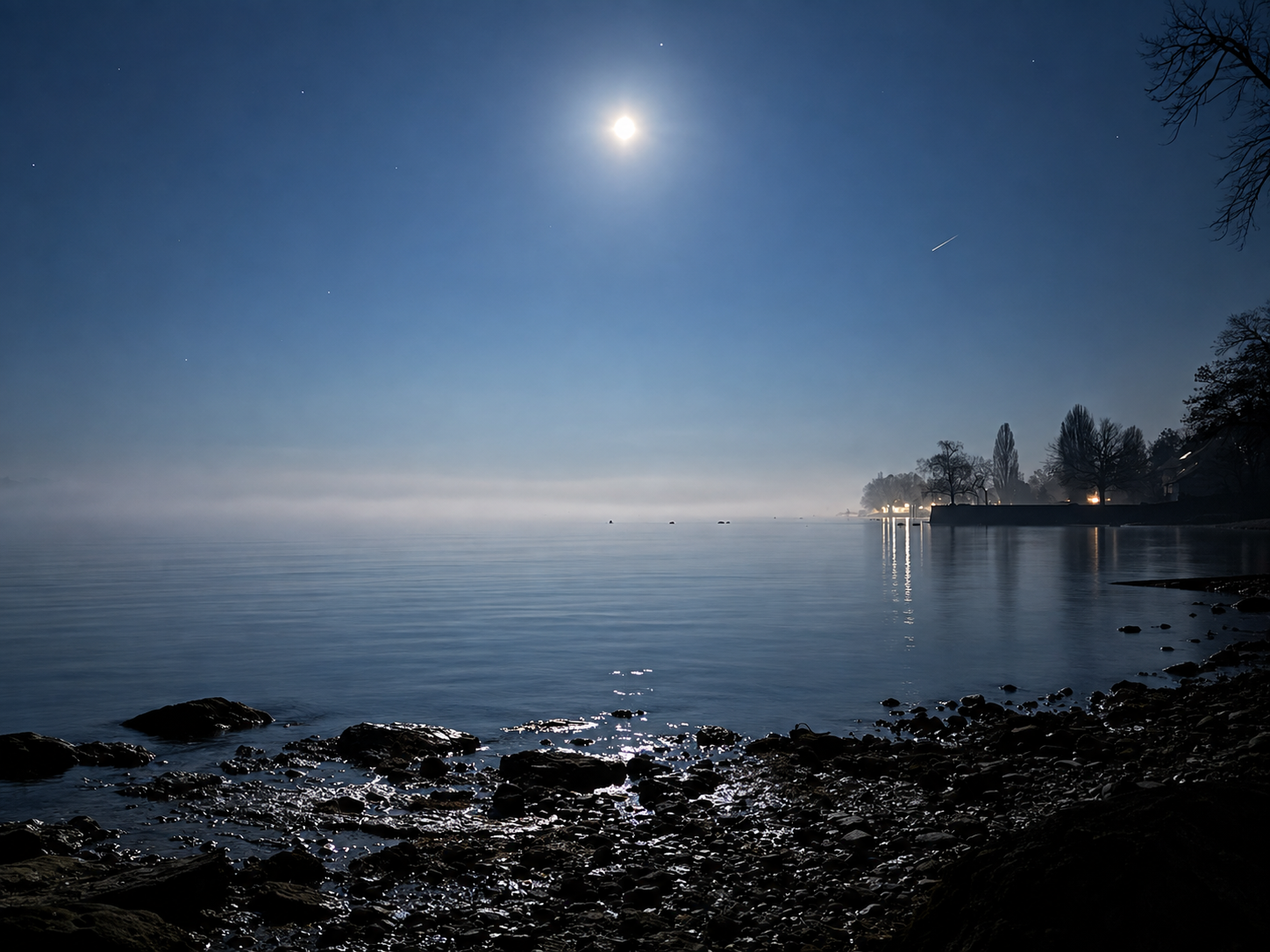 Mond über dem Bodensee bei Nacht mit Spiegelung im Wasser
