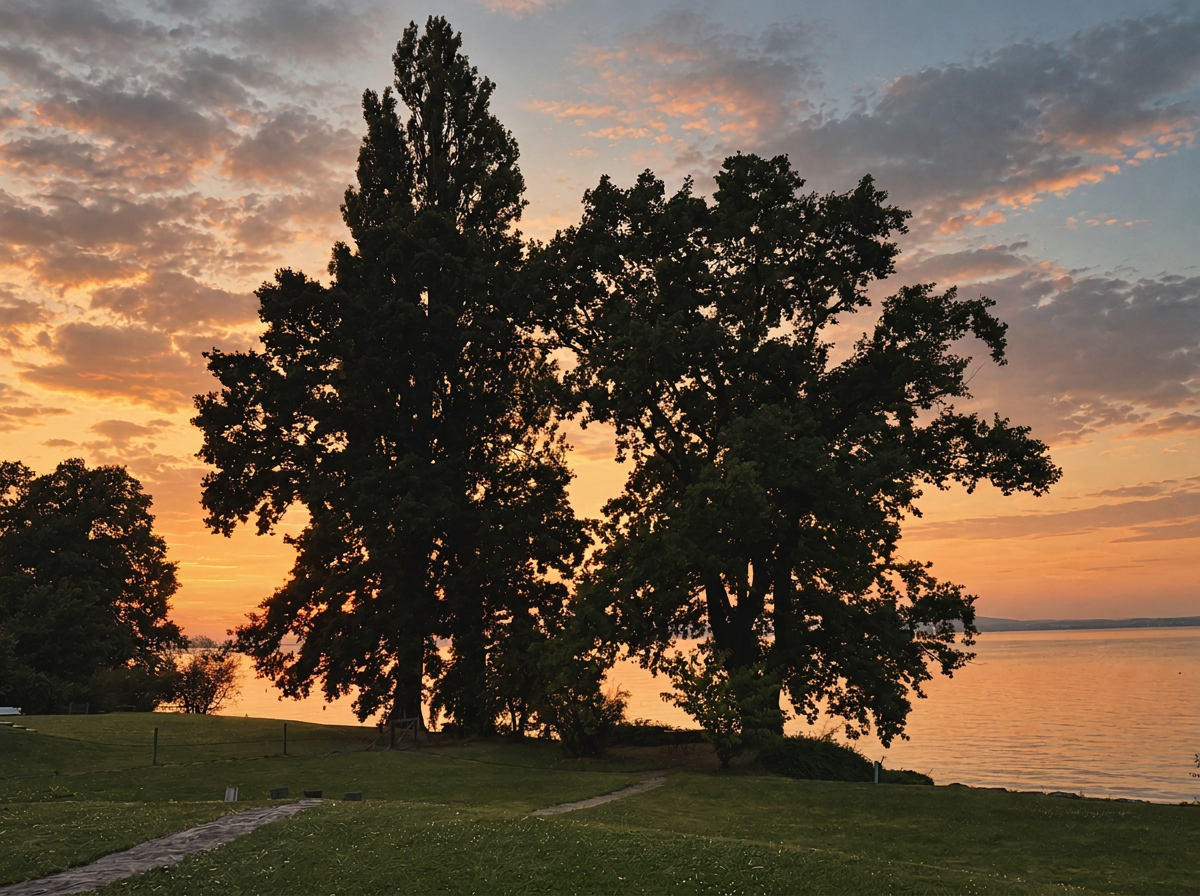 Sonnenuntergang über dem Bodensee mit Baum-Silhouetten am Seeufer